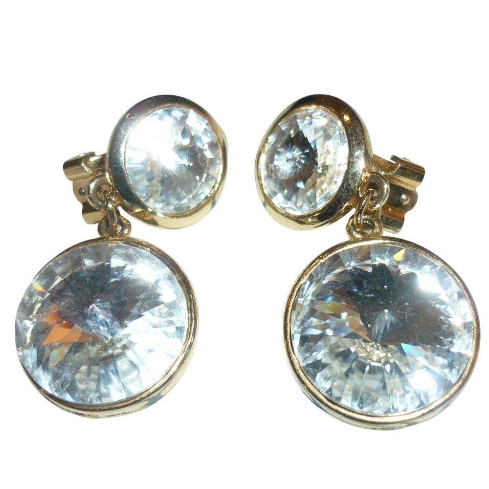 Norma Jean Vintage Gold Tone Clear Crystal Round Dangle Clip On Earrings